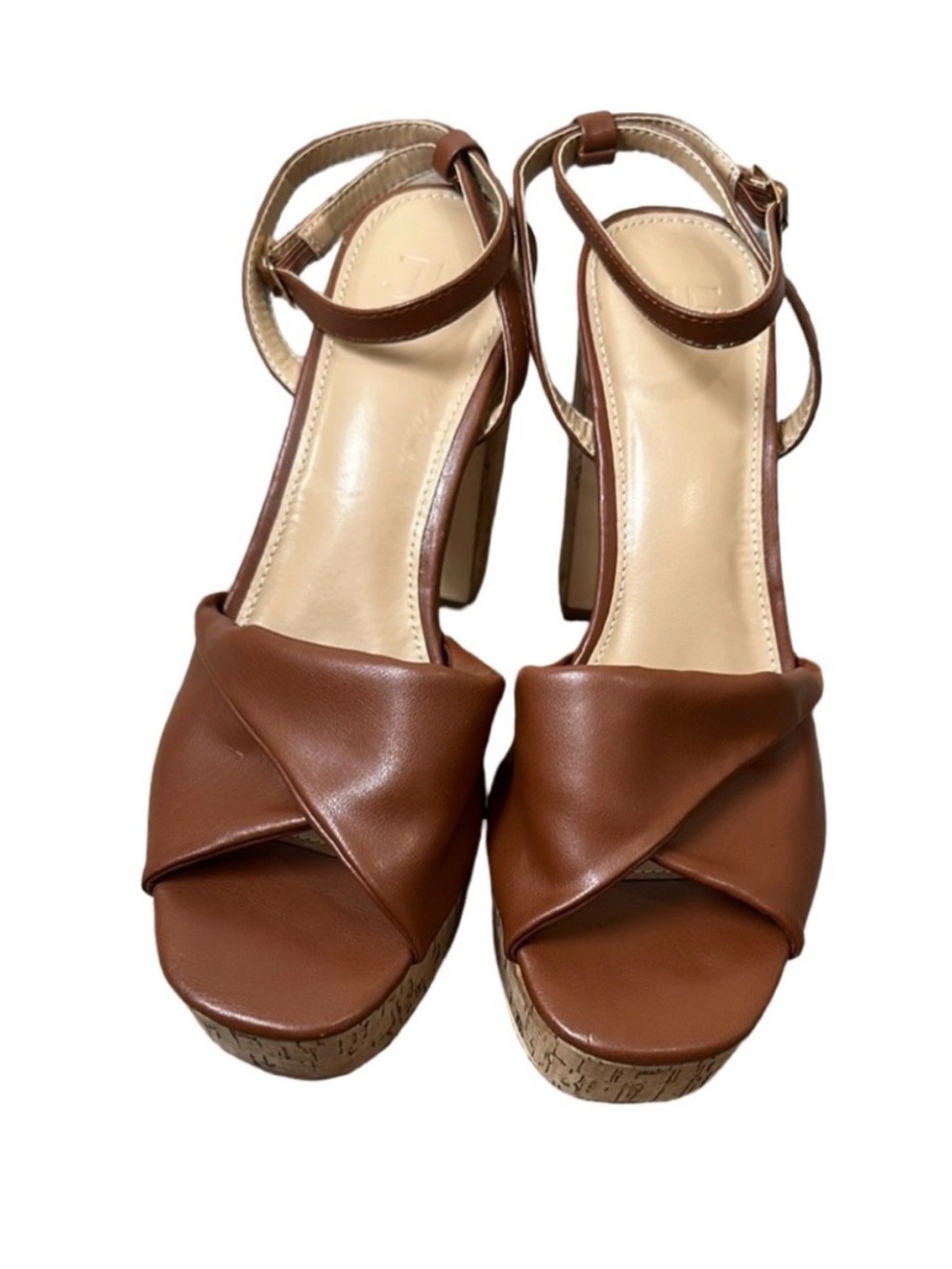 Brown Leather-Look Platform Sandals with Ankle Strap